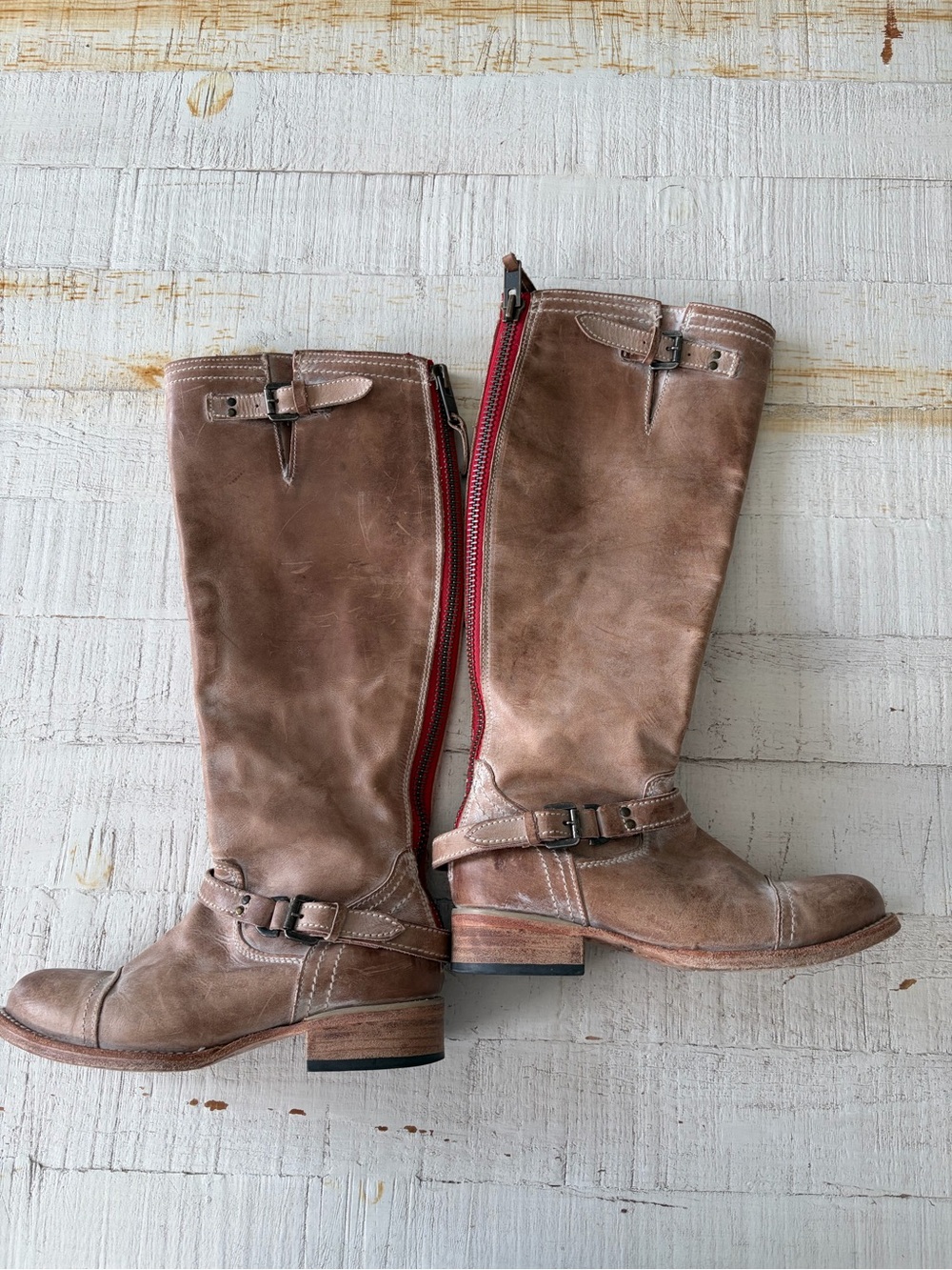 Freebird Roadey Size 7 Taupe Distressed Leather Tall Riding Boots Tan Red Zipper - Picture 9 of 9